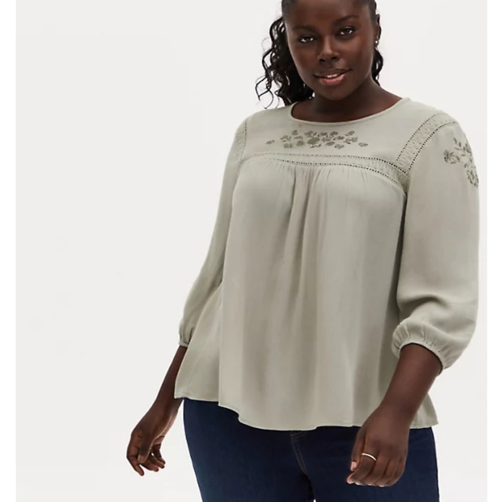 Torrid Shirt Plus 1 1X Olive Green Embroidered Peasant Babydoll Top Hippie NEW